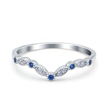 14K White Gold Curved Marquise Half Eternity Stackable Ring Simulated Blue Sapphire CZ Size-7
